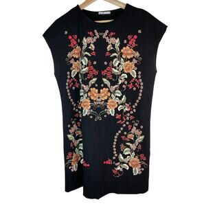 Zara Basic Women's Size M Black Cap Sleeve Asian Inspired Floral Mini Dress *